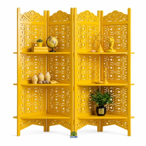 Image of Wooden Room Divider Partition with Display Shelves for Living Room | Foldable 4 Panel Decorative Privacy Screen Separator for Home, Office & Bedroom | Modern Gold Finish