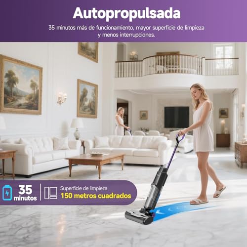 Miniatura 5 de Redkey W15 Aspirador Vertical Fregona Sin Cable Agua, Aspirador Barredor 3 En 1, Potente Absorción De Agua Y Polvo, Placa Única De 5mm, 35min Larga Autonomía, Pantalla Led, Limpieza Automática