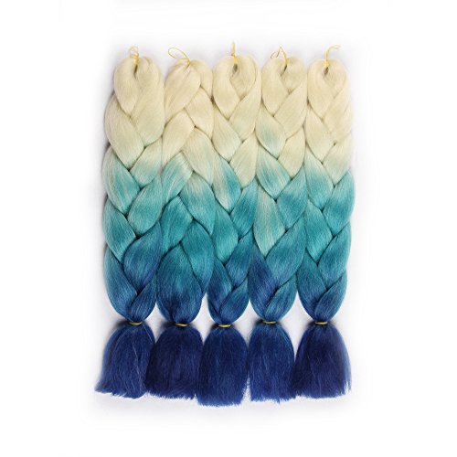 HAIR WAY 24inch Ombre Jumbo Braid Hair Extension 5 Pack 100g/PC Kanekalon Jumbo Braiding Hair for Twist Beige-Ocean Blue-Royal Blue