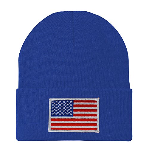 Made in USA - White American Flag Embroidered Patch Long Cuff Beanie - Royal