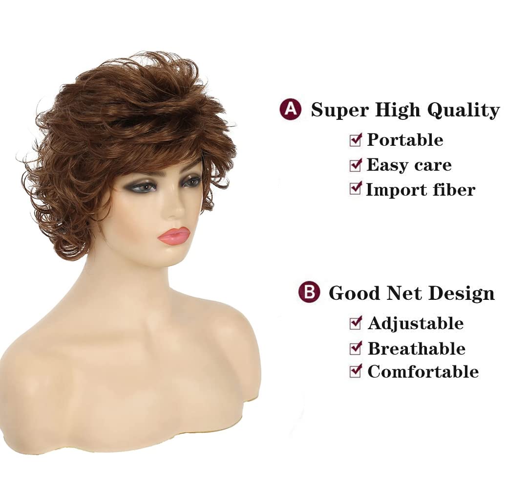 Beweig Short Wavy Brown Wigs for Women Fluffy Wavy Layered Wigs Synthetic Heat Resistant Halloween Cosplay Hair Wig with Wig Cap,Auburn Brown