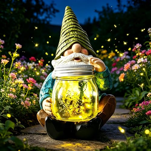 VOOKRY Solar Garden Gnome Statues Outdoor Gnome with Firefly Solar Lights Waterproof Birthday Gifts for Mom Women Mothers Day Christmas Garden Figurines for Yard Decor Patio Porch Lawn Ornaments