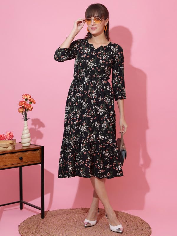 Image of Sheetal Associates Women's Casual 3 /4 Sleeve Crepe Fit and Flare Dress| Comfortable Relaxed Fit Summer Party Dress