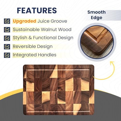 Image of Walnut Wood End Grain Cutting Board for Kitchen with Juice Groove, Inner Handles, Heavy-Duty Butcher Block, Wooden Chopping Board, Charcuterie Boards 17 inch x 12 inch x 1 inch (17 inch x 12 inch x 1 inch)