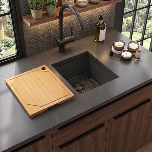 Image of LQS Undermount Wet Bar Sink Black, Undermount Bar Sink Stainless Steel 13 inch x 15 inch, Small 10 inch Deep Single Bowl Kitchen Sinks, Smart Workstation Ledge With Cutting Board For RV, Outdoor and Prep Use