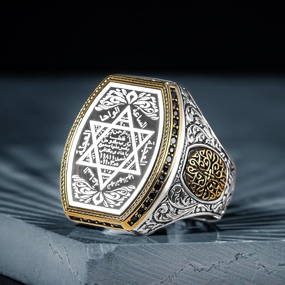 Anillo de plata de ley 925 con diseño de sello de los siete arcángeles para hombre, anillo de cábala de Salomón con circonita cúbica hexagonal en triángulo, estrella de David, anillo de