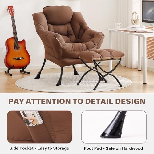 Image of Tiita Lazy Chair with Ottoman, Brown Modern Large Accent Chairs, Comfy Leisure Sofa Armchair with Ottoman, Reading Chair with Footrest for Bedroom, Living Room, Dorm Rooms, Brown