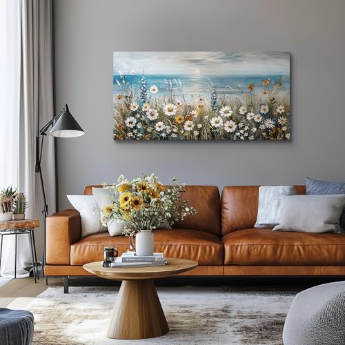 SERIMINO Large Wall Art for Living Room, Coastal Landscape Wall Decor, Beach Daisy Canvas Prints Farmhouse Decor, Wildflowers Bathroom Pictures Home Decor Aesthetic, Dining Room Kitchen Artwork 24"X48"