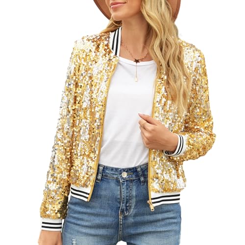 Women Sequin Jacket Long Sleeve Front Zipper Ribbed Blazer Bomber Jacket4