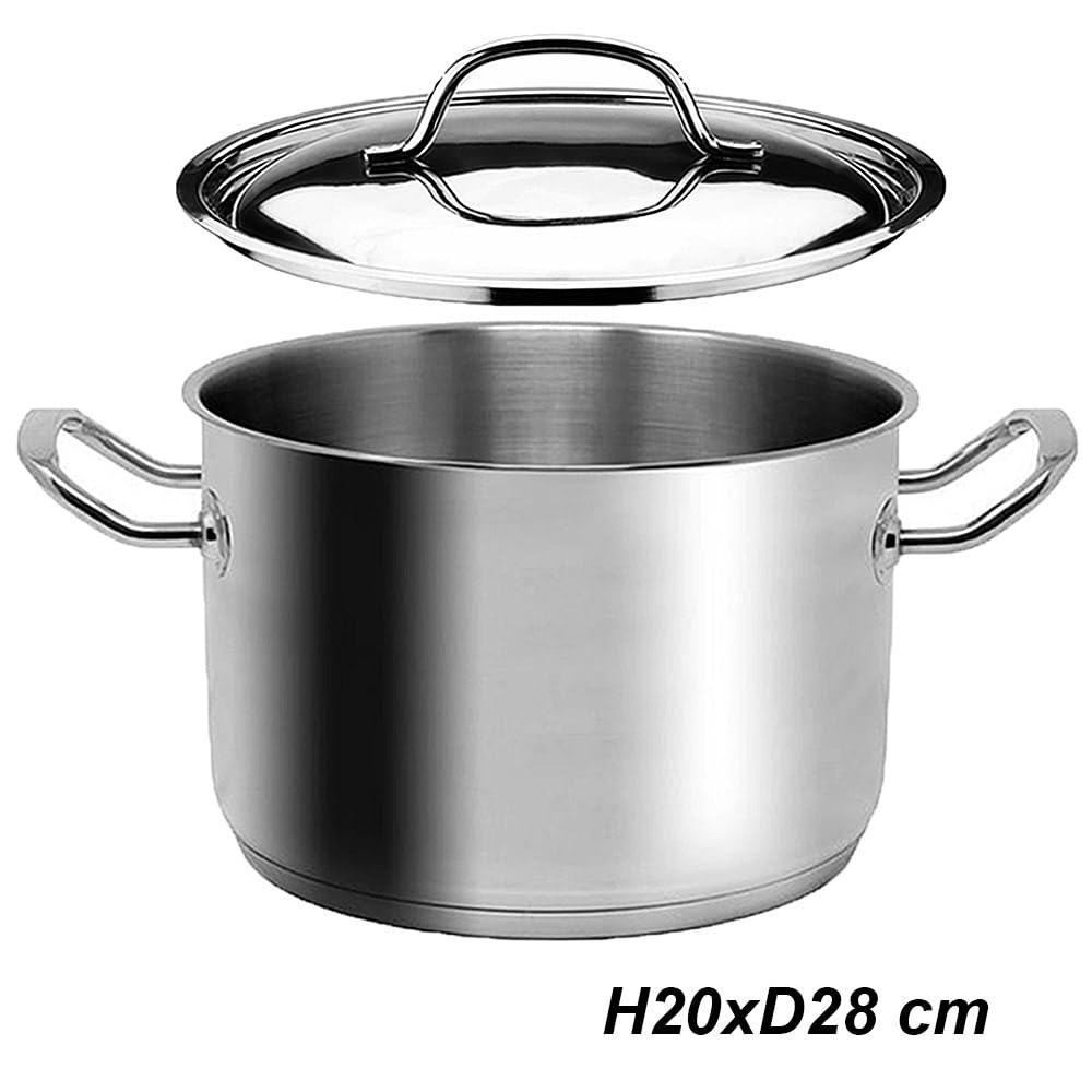 Pentole e casseruole con coperchio in acciaio inox 18/10 per bollire cuocere pasta verdure carne sugo con triplo fondo a induzione gas elettrico 2 manici (Pentola D28 CM)