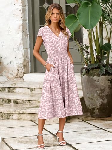 Image of BerryGo Women's Floral Boho Ruffle Summer Midi Dress Short Sleeve V Neck Empire Waist Swing Flowy Dress