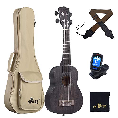 Winzz Ukulélé Débutant Soprano Acajou, Ukulélé 21 pouces avec Housse, Sangle, Accordeur et Chiffon de Polissage (Noir)