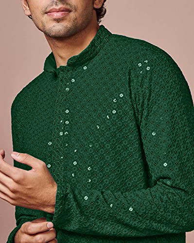 Image of Men's Rayon Blend Lucknowi Sequence Kurta Pyjama (Chickankari)