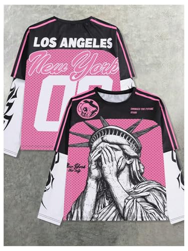 Image of VIPWOLF Men's Number Graphic Long Sleeve Jersey Shirts Oversized Y2K Round Neck 2 in 1 T-Shirts Streetwear Top