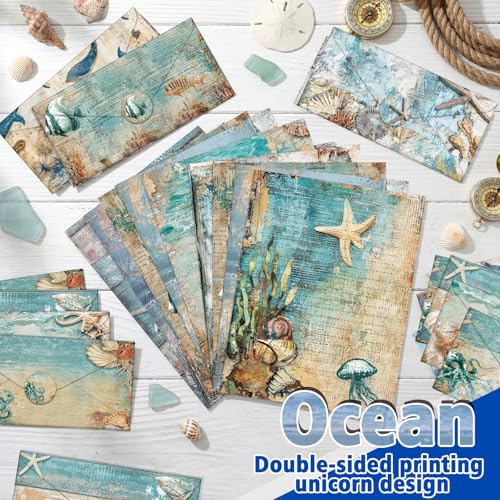 Image of TaoBary 160 Pcs Stationery Paper Bulk 50 Double Sided Stationery Papers with 50 Matching Envelopes and 60 Round Dot Sticker, 10 Design (Ocean,8.5 x 11 Inch)