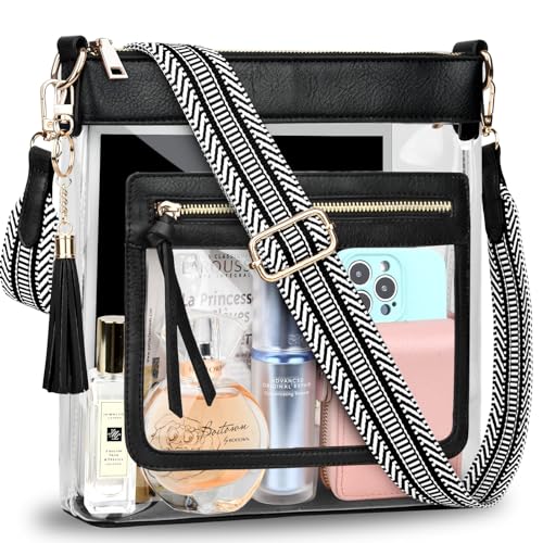 BKNOOU Clear Purses for Women Clear Crossbody Bags Clear Bag for Stadium Events Approved Clear Shoulder Bag for Concert, Black