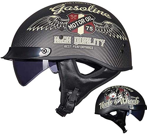 EBAYIN Demi-Casque De Moto Rétro Harley Casque en Fibre De Carbone Casque Ouvert Cruiser Chopper Scooter Casque Jet Adulte Lunettes Intégrées Personnalité Casque De Sécurité Universel,E-L=（59~60cm）