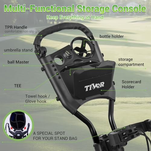 Image of Tivor Lightweight Golf Push cart 4 Wheel Foldable Golf Trolley for Adults and Junior with Ergonomic Adjustable Handle, Scorecard Holder, Umbrella Mount, Foot Brake, All-Terrain Wheels