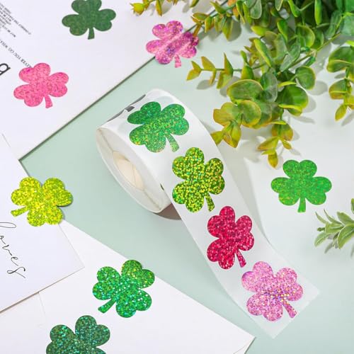 Image of 500Pcs St. Patrick's Day Stickers 1in Laser Shamrock Clover Stickers Roll 3 Colors Holographic Self-Adhesive Waterproof Irish Sticker Decor for Bottle Scrapbook Journal Envelopes Decorations