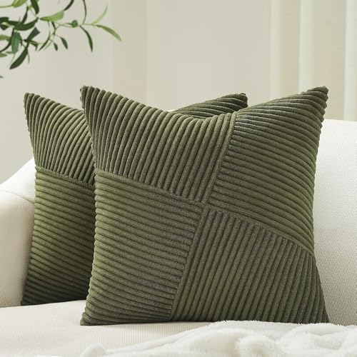 Topfinel Housse Coussin 40x40 Vert Olive en Velours Côtelé Super Doux, Lot de 2 Housse Coussin Decoratif Canape Motif à Rayures Patchwork Decoration Maison Salon...