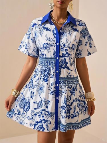 Image of SOLY HUX Women's Floral Button Down Shirt Dress Collared Short Sleeve Ruffle Babydoll Summer Boho Vacation Short Dresses