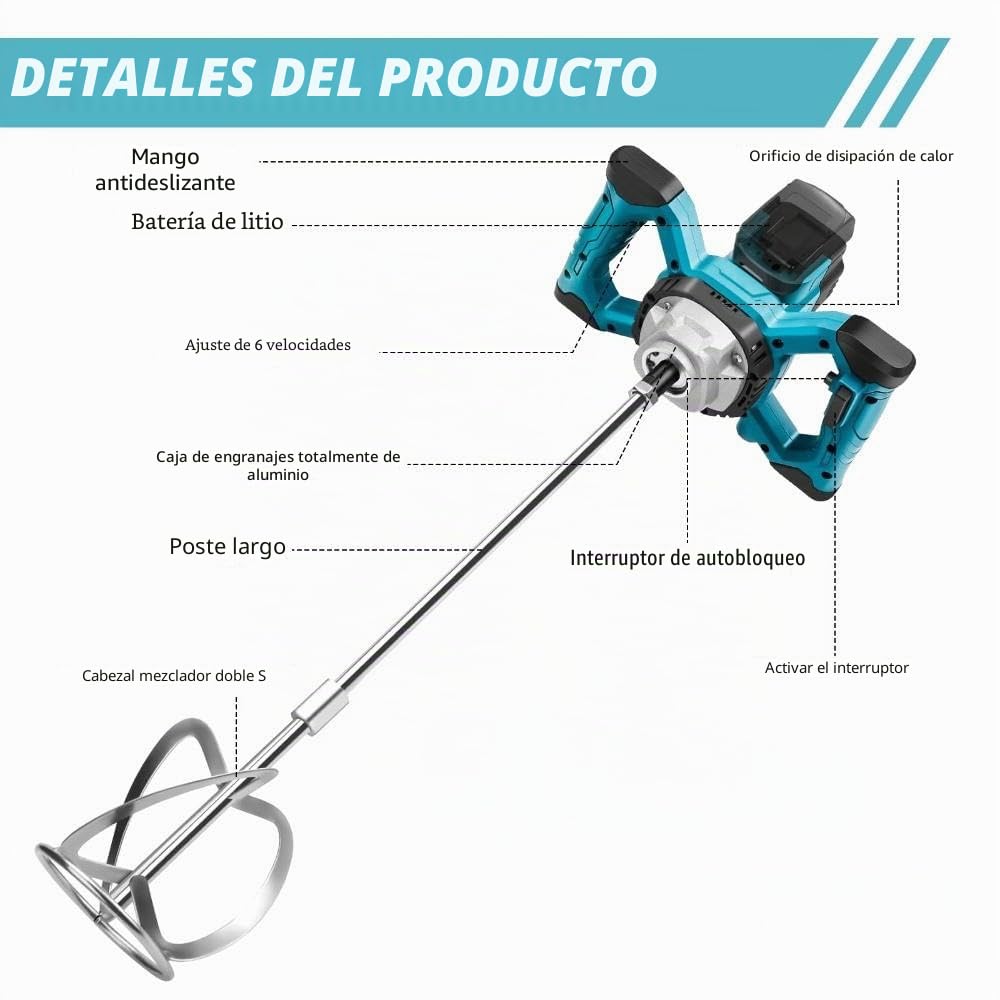 Mezclador de Cemento para Makita Batería, 3200W Mezclador de Hormigón Eléctrico Sin Escobillas con M14 Mezclador de Hélices, 6 Velocidades Regulables para Cemento, Pintura(Batería No Incluida)