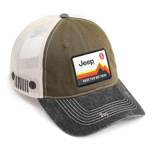 Jeep Have Fun Out There Patch Garment Washed Trucker Hat Unstructured for Men & Women - Adjustable Snapback Baseball Cap