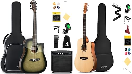 Donner Guitarra eléctrica acústica de tamaño completo para principiantes intermedios con amplificador, correa capo, afinador de púa, kit de guitarra