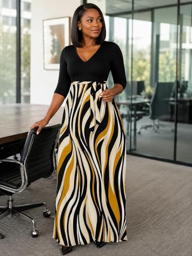 Image of Women's V Neck Floral Maxi Dress 3 /4 Sleeve Plus Size Boho Wrap Flowy Long Dresses with Belt