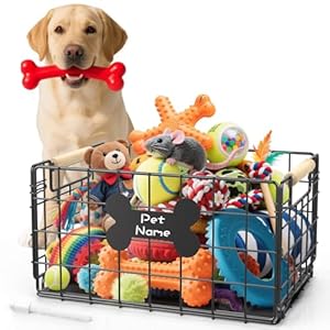 Dog Toy Basket, Chew-Proof Metal Dog Toy Bin with Handles, Pet Stuff Storage Organizer Box for Dogs with Marker Pen, Portable & Foldable Puppy Toys Basket for Living Room, 15.8”×11.8”×11.8”