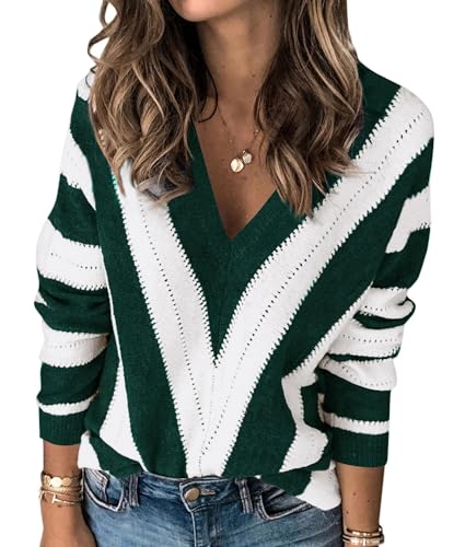 PRETTYGARDEN Sweaters for Women 2025 Long Sleeve Striped Knitted V Neck Pullover Jumper Tops Fall Outfits Fashion Clothing