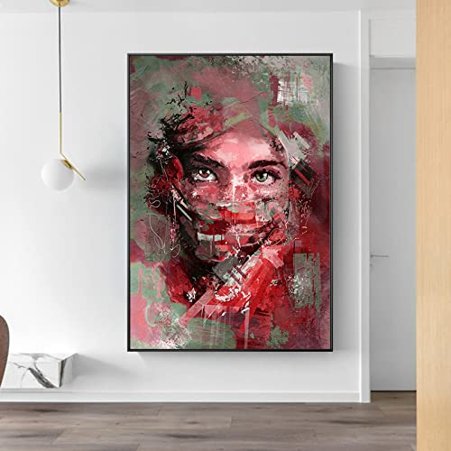 Cara de mujer abstracta azul roja con velo verde Lienzo Arte de la pared Póster e impresión Pintura Retrato femenino Imagen para sala de estar (sin marco),50X75cm Cover