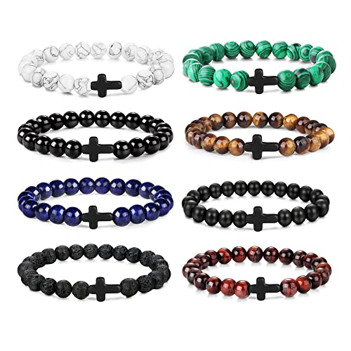 sailimue 8 Pcs Cross Bead Bracelets for Women Men 8mm Tiger Eye Lava Rock Stone Stretch Elastic Cross Bracelet Set