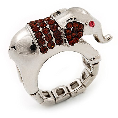 Avalaya Bague élastique en forme d'éléphant en cristal de couleur ambre, plaqué rhodium, 35 mm de diamètre, Métal