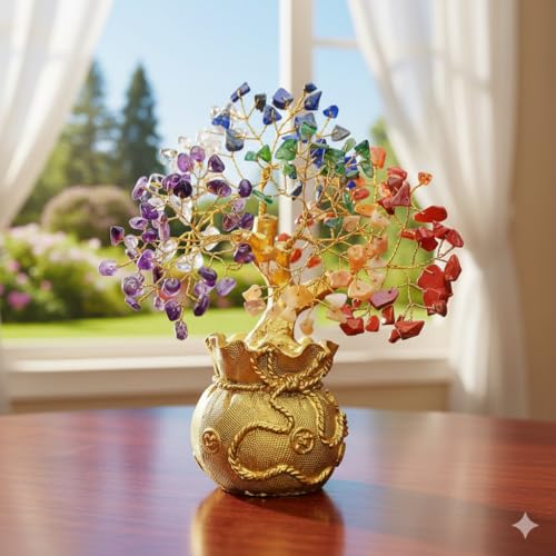Image of 7 Chakra Crystal Tree with Golden Money Bag Base | Natural Gemstone Money Tree for Wealth Prosperity & Positive Energy | Feng Shui Vastu Tree for Home Office Decor & Good Luck Gift