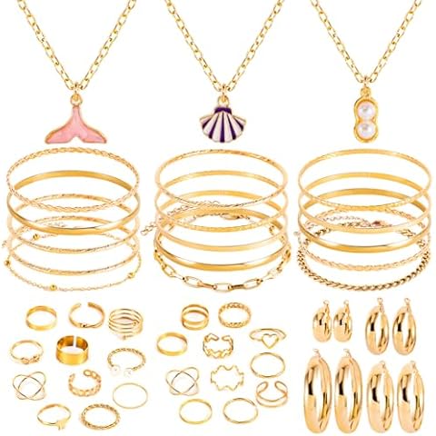 44 PCS Gold Plated Jewelry Sets with 3 PCS Necklaces, 15 PCS Bangles, 4 Pair Hoop Earring, 22 Pcs Knuckle Rings for Women Valentine Anniversary Birthday Friendship Cover