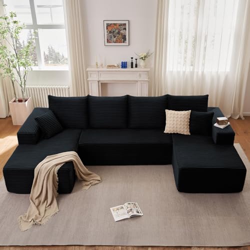 Image of 134.2 inch Modular Sectional Sofa, Modern Corduroy Cloud Couch with Deep Seat, Boneless Couch Upholstered 4-Seater U-Shaped Sofa for Living Room, No Assembly Required (Black)