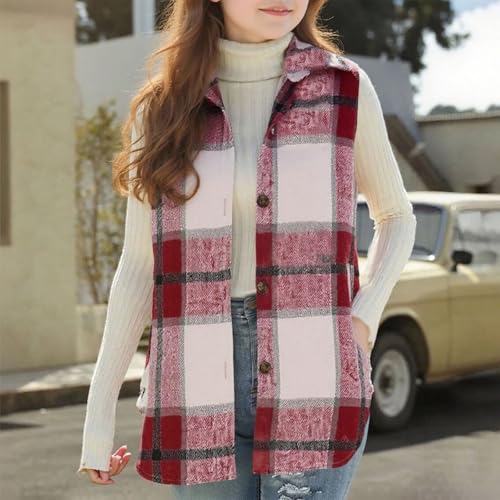 Girls Plaid Jacket Sleeveless Spread Collar Curved Hem Button down Vest Casual Color Block Comfy Fall Winter Outwear2