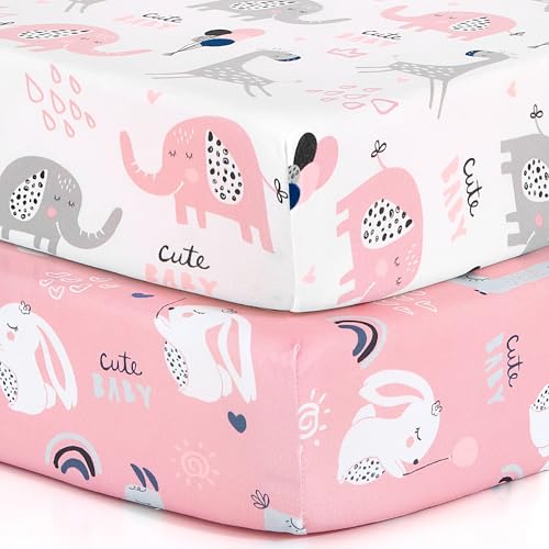 BROLEX Baby Fitted Crib Sheets: Kid Crib Sheets - Set of 2 for Toddler Standard Size Crib Mattress for Boys and Girls - Jersey Knit Crib Bed Sheets Elephant Rabbit