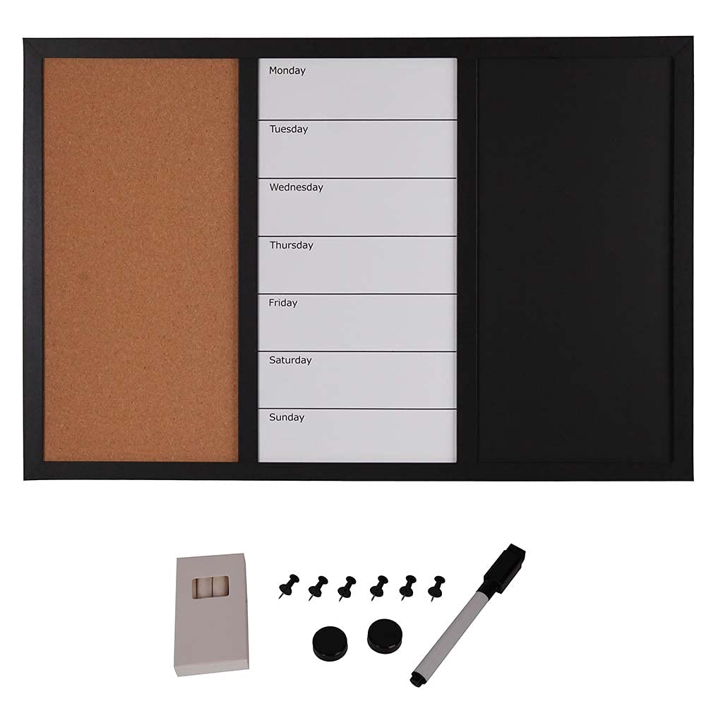 Bakaji Lavagna Magnetica Bianca e Nera con Bacheca Memo in Sughero Combinata 60x40cm Cornice Legno con Set Gessetti Pennarello Cancellabile 2 Magneti e 6 Puntine Design Moderno Casa Ufficio