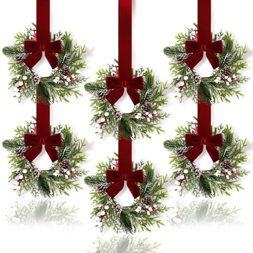 Acmee 6Pcs Christmas Cabinet Wreaths with Red Ribbon Bows -