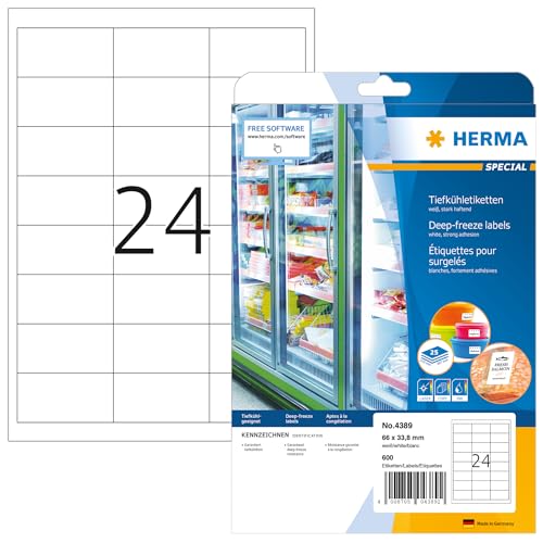 HERMA 4389 Tiefkühletiketten, 25 Blatt, 66 x 33,8 mm, 24 pro A4 Bogen, 600 Stück, selbstklebend, bedruckbar, matt, blanko Papier Gefrieretiketten, Klebeetiketten Aufkleber für Gefriergut, weiß
