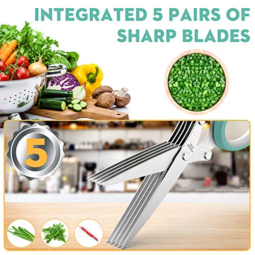 Updated 2025 Herb Scissors Set - Cool Kitchen Gadgets for Cutting Fresh Garden Herbs - Herb Cutter Shears with 5 Blades and Cover, Sharp and Anti-rust Stainless Steel, Dishwasher Safe (Blue-White)