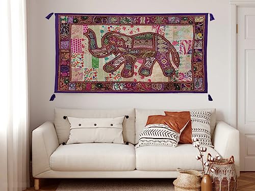 Image of Ekam Art Rajasthani Handmade Heavy Elephant Embroidery Cotton Patchwork Tapestry Cotton Wall Decor Hanging Beaded Tapestries Home Living Room Decor 40 x 60 Inch (Purple)