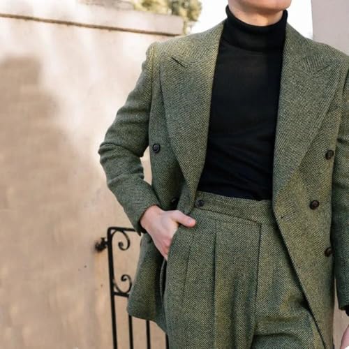 Men's 2 Piece Tweed Herringbone Vintage Suit Double-Breasted Tuxedo Set Party Wedding Dress Blazer and Trousers3