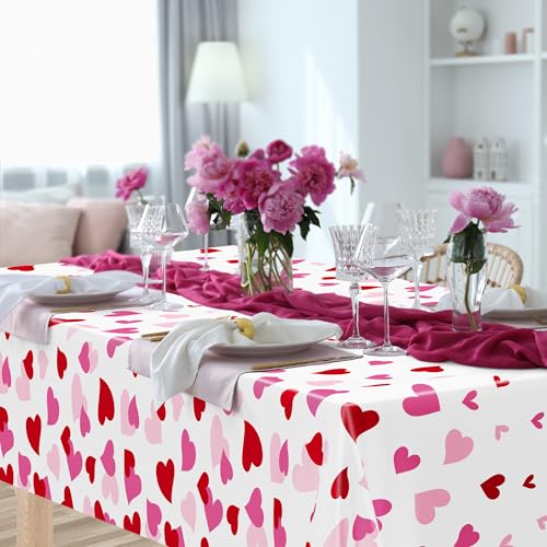 Image of 4 Pack Valentines Decorations, 108 inch X 54 inch Valentines Tablecloths, Heart-shaped Disposable Red Pink Tablecloths Love Plastic Table Cover, Galentines Decorations Party Supplies for Wedding Birthday