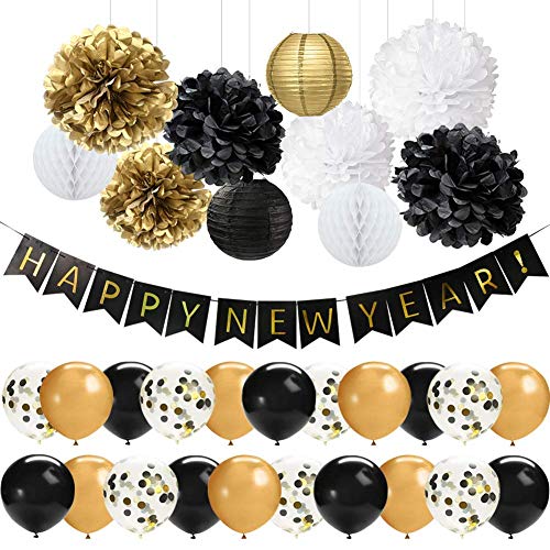 41 PCS Oro Negro Feliz Año Nuevo Decoraciones Set Feliz Año Nuevo Banner 12 pulgadas Látex Globos Pom Poms Flores Linternas de papel para la víspera de Año Nuevo Decoraciones para fiestas 2020