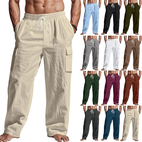 Linen Pants Men Drawstring Casual Elastic Waist Linen Cargo Pants with Multi Pockets Loose Fit Summer Beach Pant