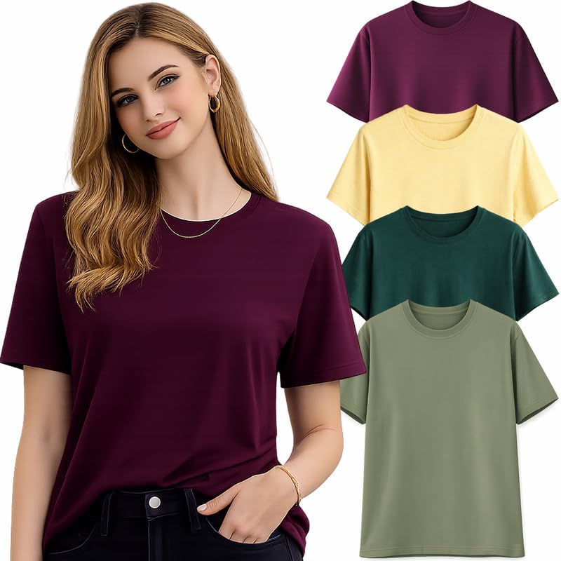 Image of London Hills Tshirt for Woman | T Shirt for Woman Cotton Casual Tops | Tshirts Shirts for Women Round Neck Short Sleeve | Women Tees Everyday Wear Basic T Shirts for Womans (Pack of 4)