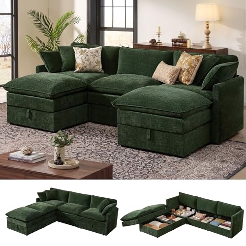 Image of Ihanherry 103 inch Modular Sectional Sofa with Storage, U Shaped Cloud Couch with Movable Ottomans & 4 Pillows, Chenille Deep Seat Sectional Couches for Living Room, Apartment (Green)